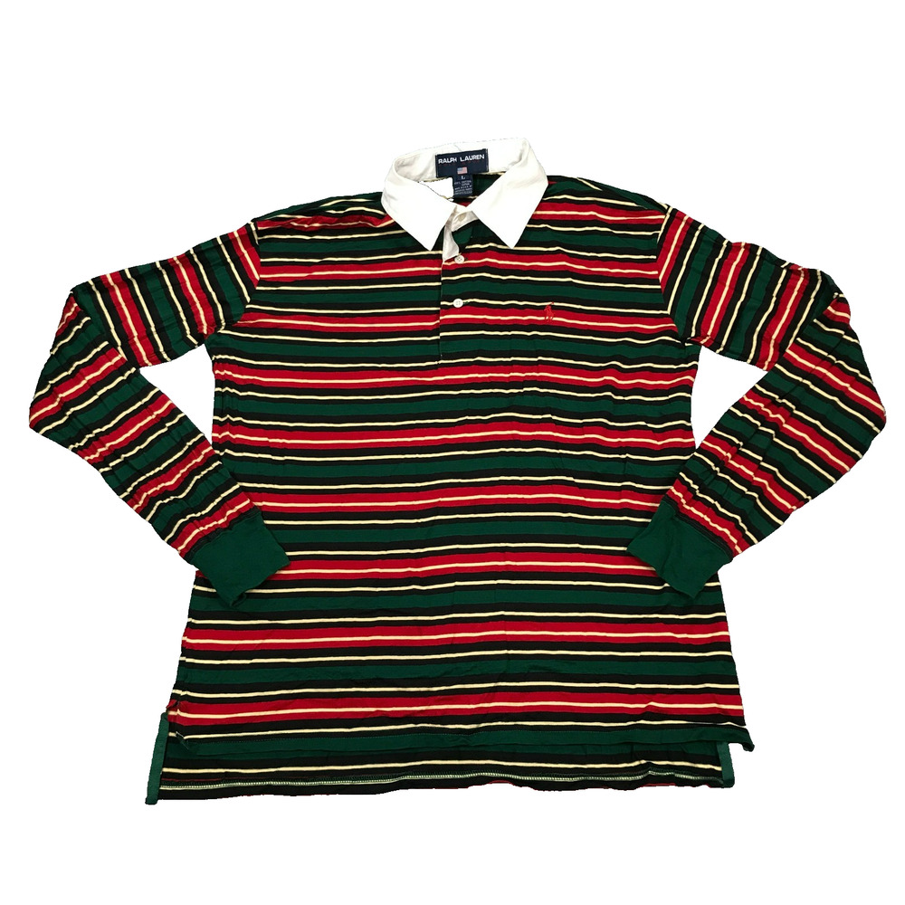 VTG Polo Ralph Lauren Sport Mens Large Rugby Shirt Striped Green Red LS USA BU10